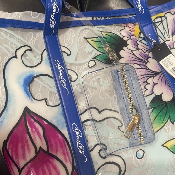 Y2K Ed Hardy Clear Tote with Blue and Pink Floral Design NWT - Picture 3 of 9